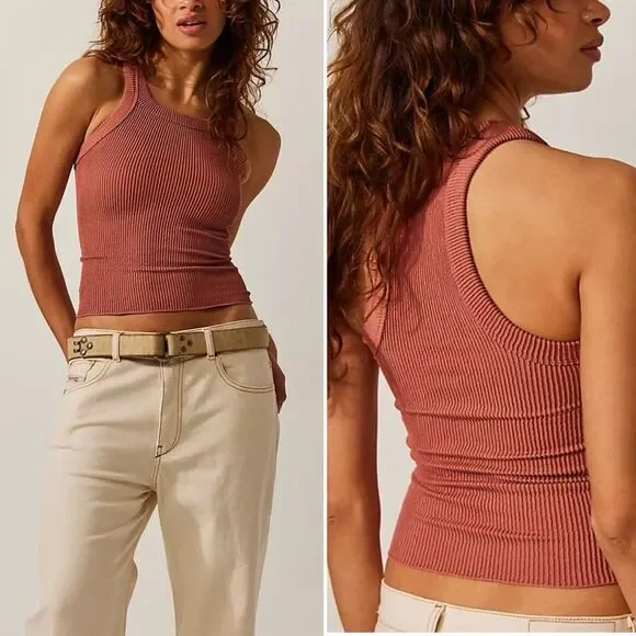 Free People Rust Ribbed Racerback Tank Top - Picture 1 of 14